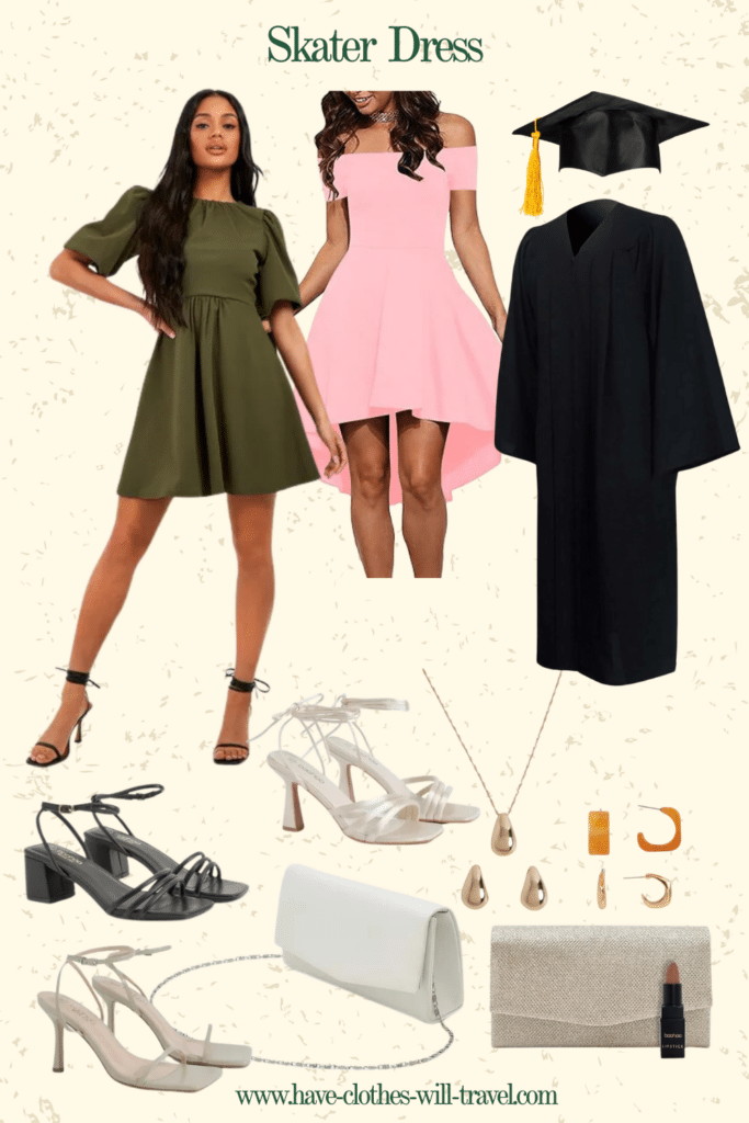 Collage photo of a graduation outfit idea for ladies featuring a skater dress in pink and olive green along with shoes, bags, and accessories