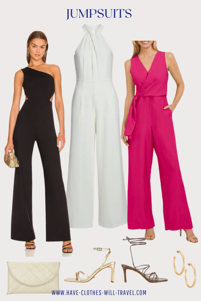 Collage photo of a graduation outfit idea for ladies featuring jumpsuits in black, white, and pink color along with shoes, bags, and accessories