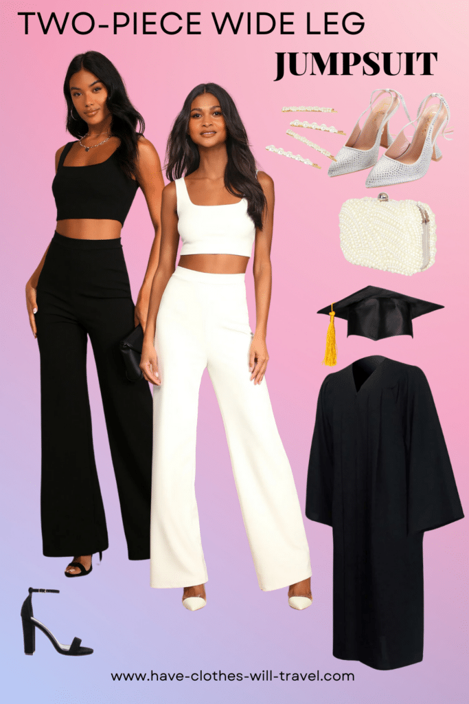 Collage photo of a graduation outfit idea for ladies featuring a two-piece wide leg jumpsuit in white and black along with shoes, bags, and accessories