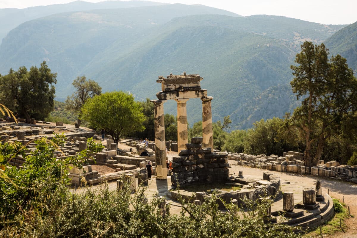 Delphi, Greece panoramic view with mountains in the back