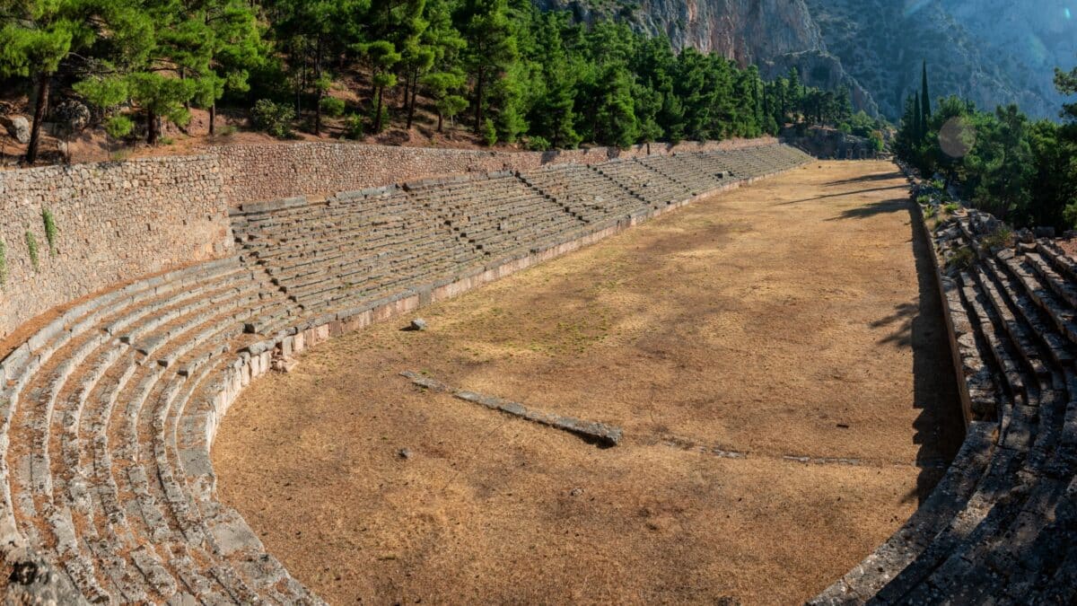 Panoramic view of the Ancient stadium in Delphi, Greece