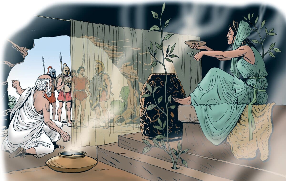 An artist's rendition of the Oracle in Ancient Greece at Delphi