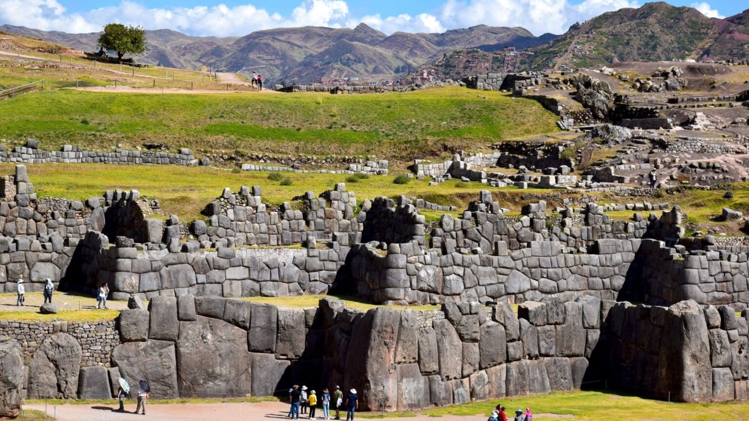 Cuszco, Peru May 2019 Tourists observing the walls of the ancient citadel in the outskirts of the city.