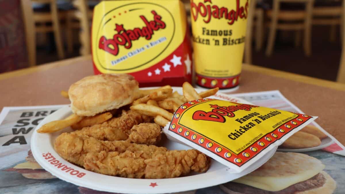 COLUMBUS, GEORGIA/USA - 01-10-2020 Fried chicken tenders, french fries, and a buttermilk biscuit at a Bojangles’ restaurant in Columbus, GA.