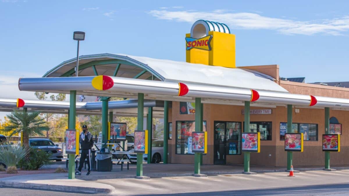 Las Vegas, NV 12-10-20: Sonic Drive-In location on Sahara Ave. The fast food chain has been increasingly popular during the Covid pandemic because customers can order and eat on their car.