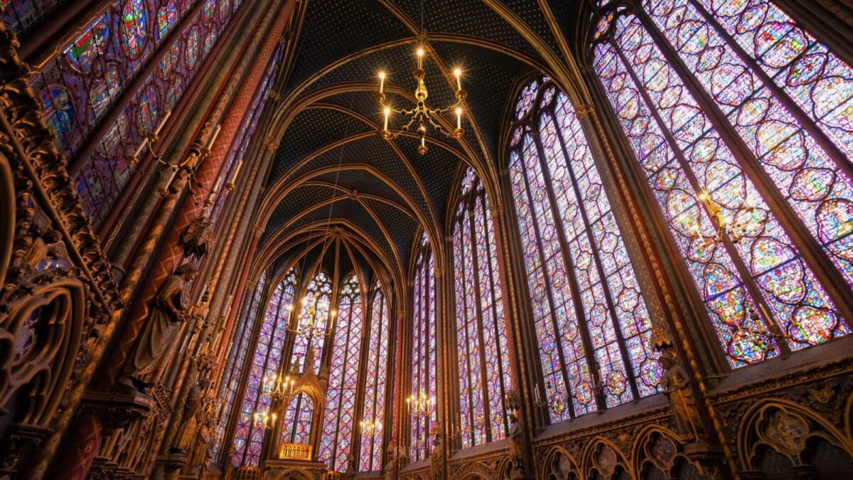 Stained glass windows of Saint Chapelle, old medieval church of 13c., Paris France