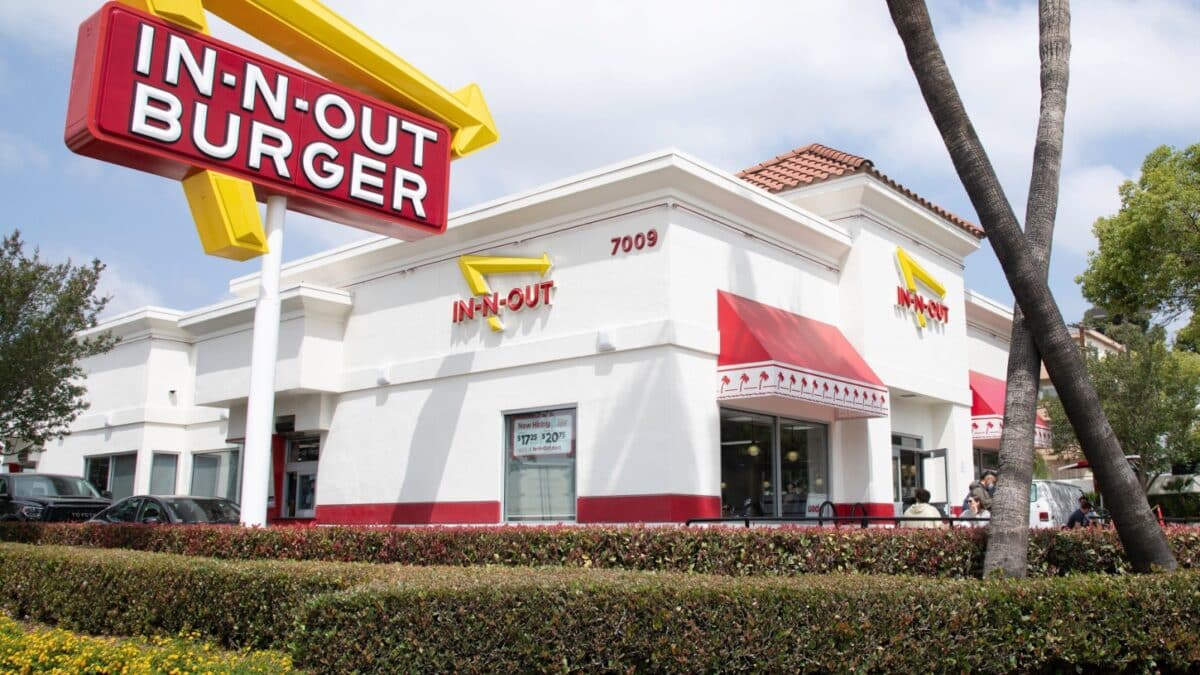 Los Angeles, CA, USA - May 2, 2022: Exterior of an IN-N-OUT BURGER restaurant on Sunset Boulevard in Los Angeles, CA.