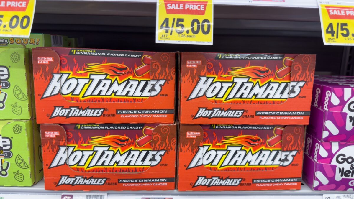 Los Angeles, California, United States - 02-01-2023: A view of several packages of Hot Tamales candy, on display at a local grocery store.