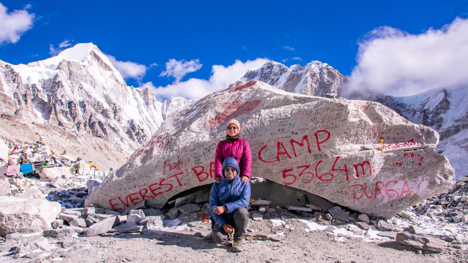 Trekkers posing at Everest Base Camp, Nepal.