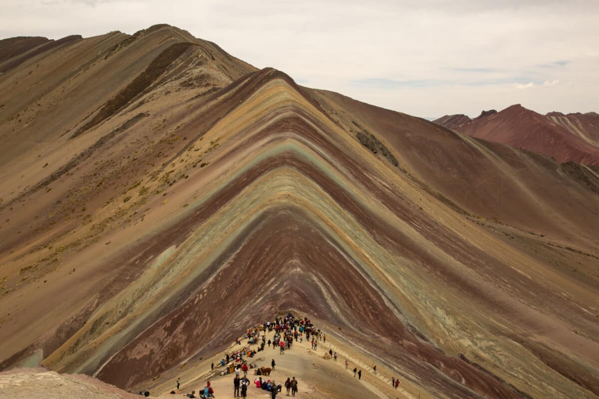 Rainbow Mountain in Peru on a cloudy overcast day 