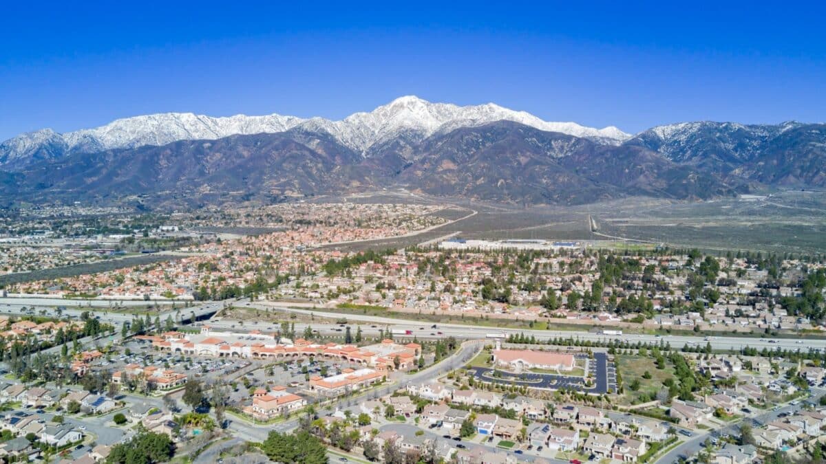 Aerial view of Mount Baldy and Rancho Cucamonga area at California