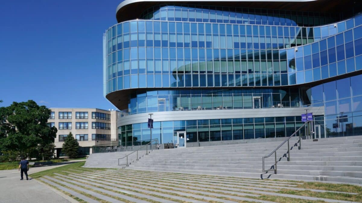 Evanston, IL, USA - August 28, 2022: Modern architecture on the campus of Northwestern University, Kellogg School of Management