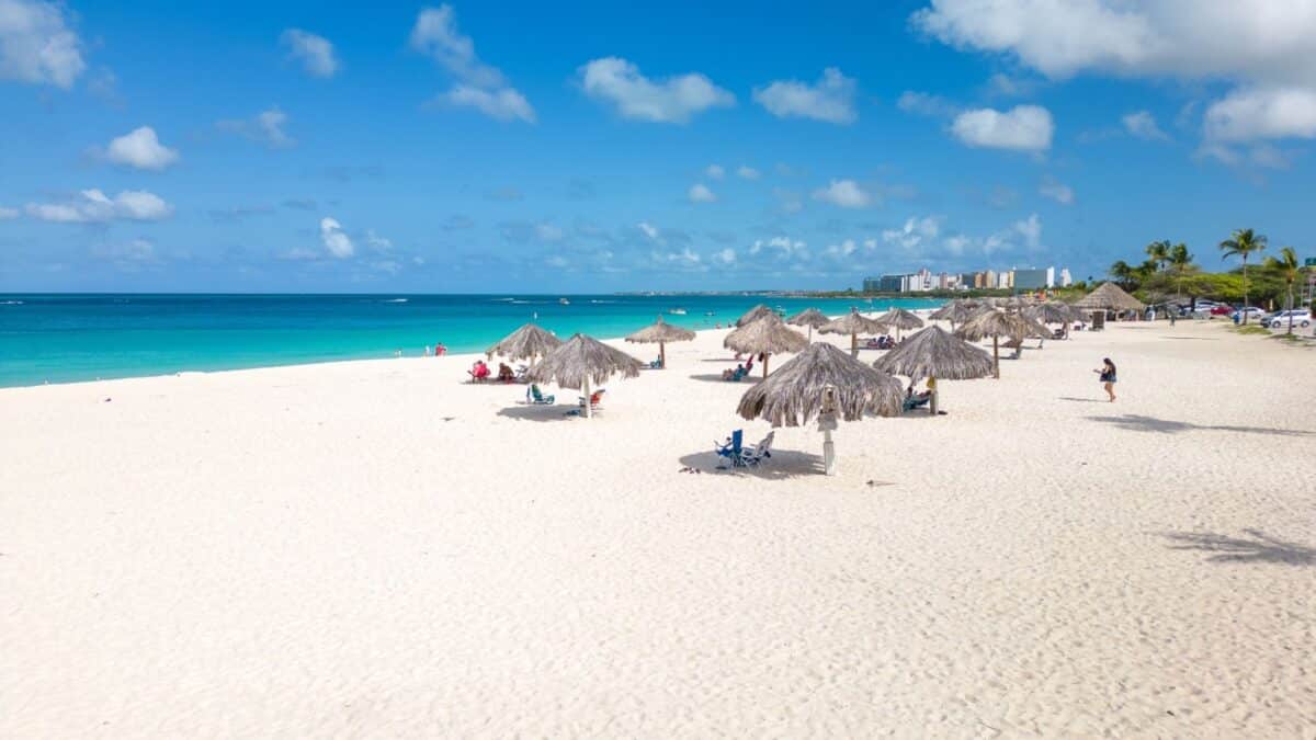 Eagle Beach, Aruba, This is one of the most beautiful beaches in the world. White sand, with crystal clear waters on a sunny day in the Caribbean. Drone Top View