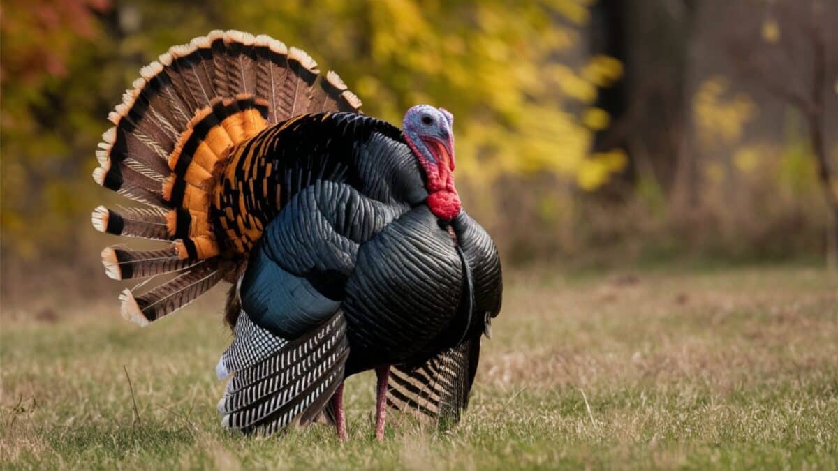 Turkey: Majestic bird, spreading feathers, vibrant display of autumnal hues.