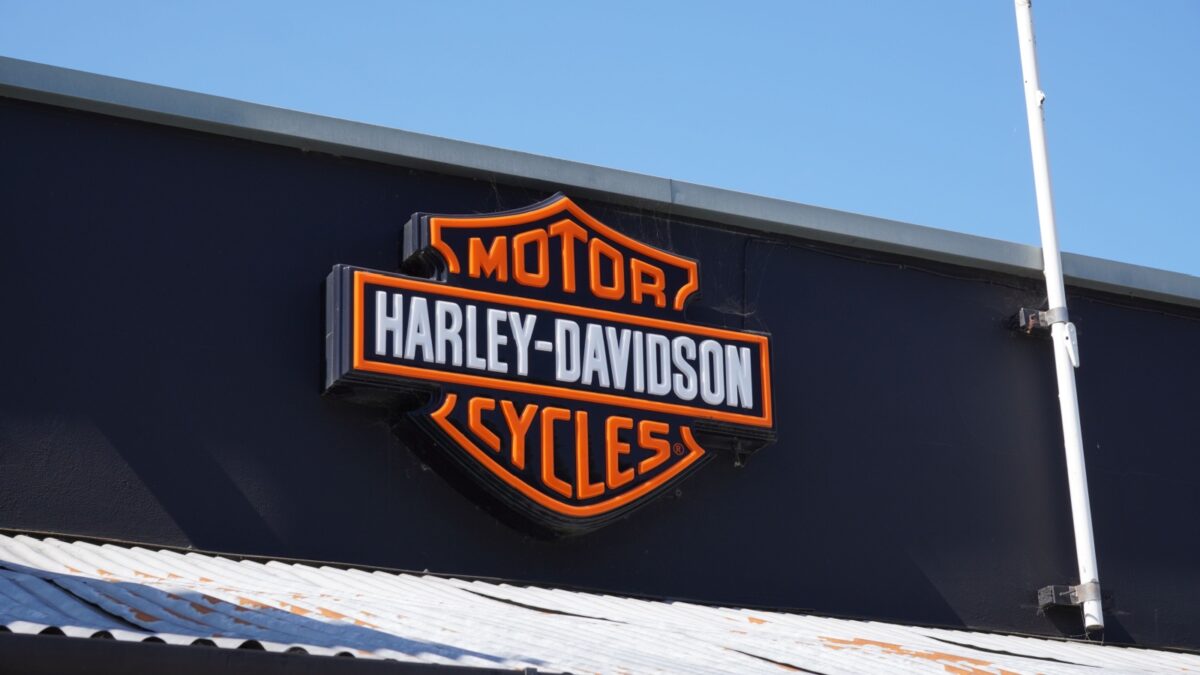 Hampshire, England UK 07.19.2024 Harley Davidson motor cycles logo on sign of motorbike dealership. Famous vehicle brand