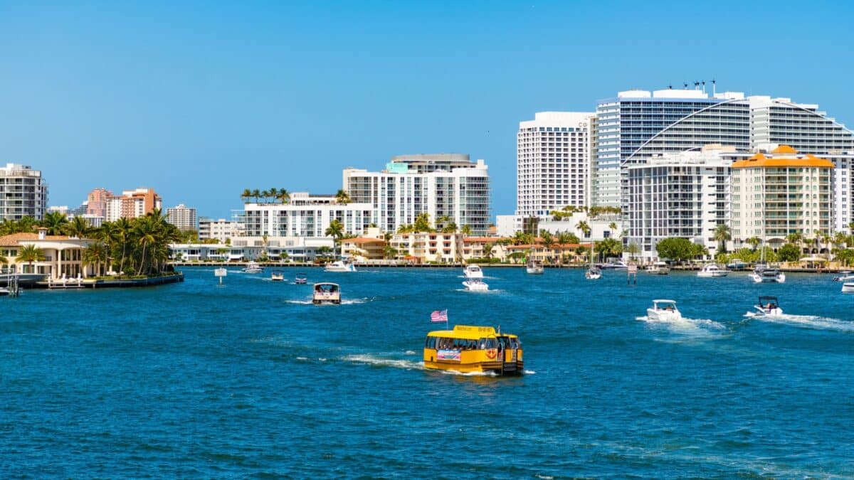 Fort Lauderdale, Florida, USA - March 25, 2023: Fort Lauderdale coastline aerial panoramic view of Florida