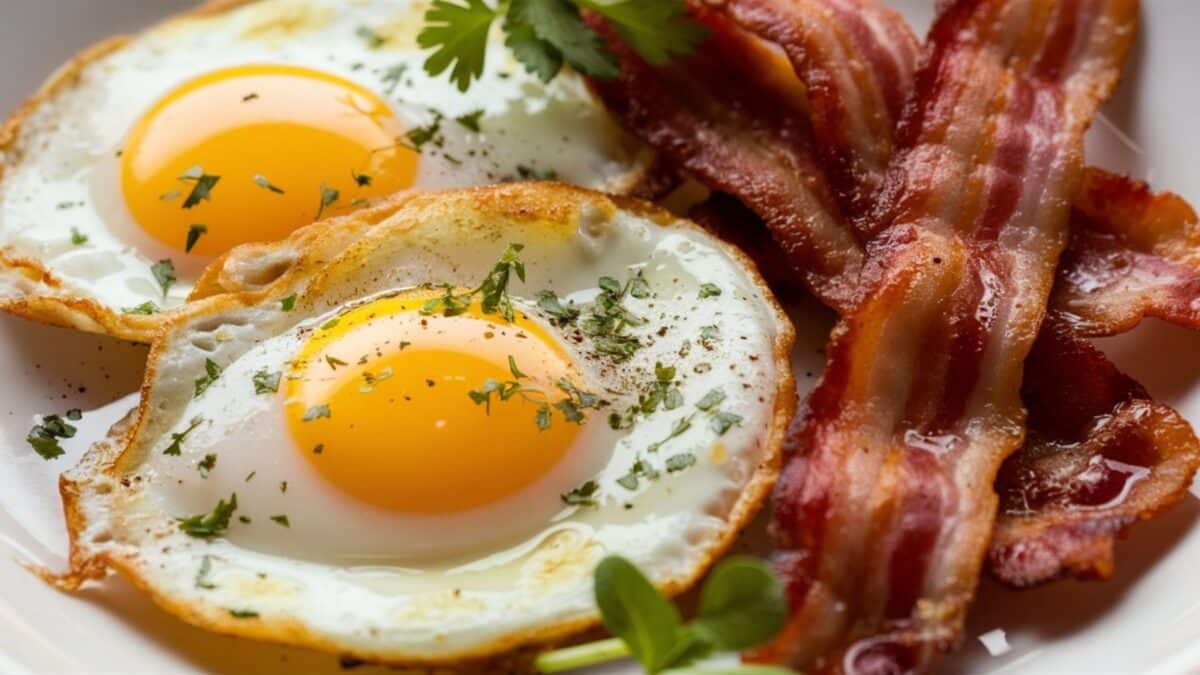 Breakfast with fried eggs and bacon close up. Fried sunny side eggs with bacon on plate, healthy keto meal.