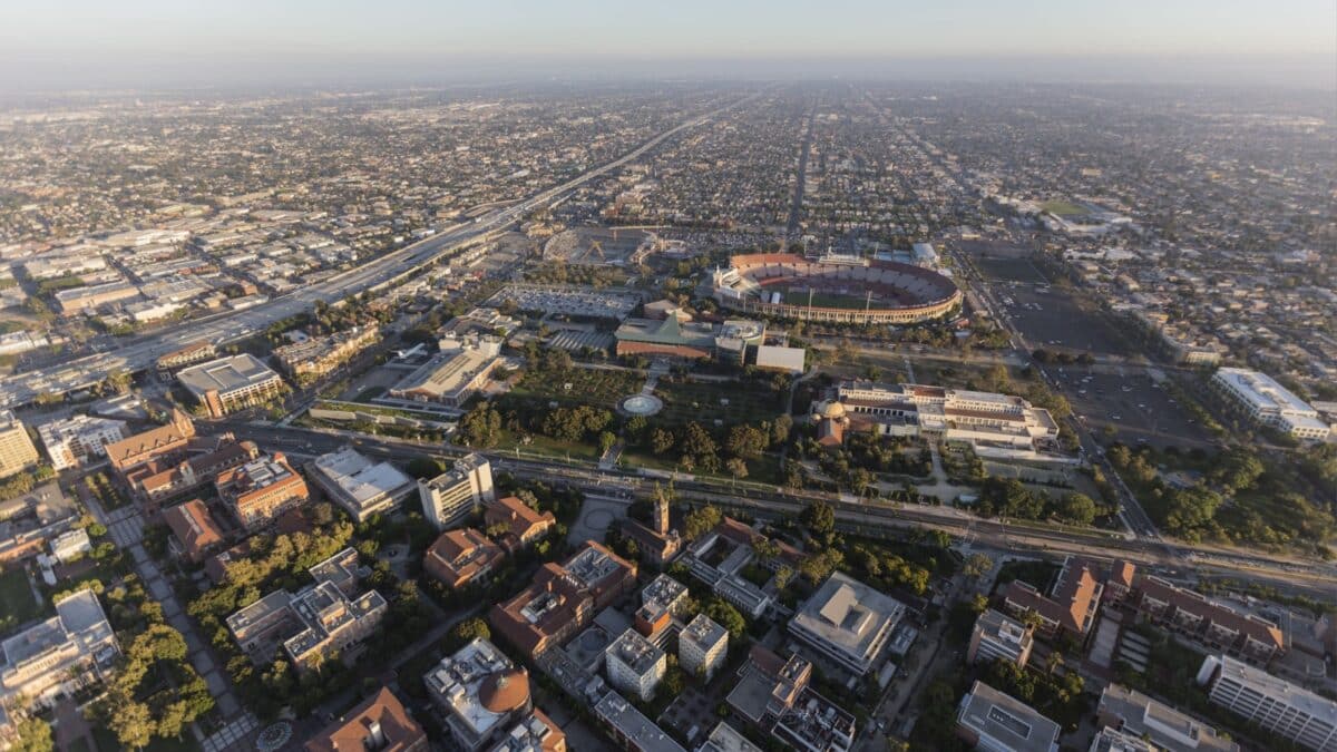 Aerial view of Exposition Park, the LA Memorial Coliseum and the University of Southern California near downtown Los Angeles.