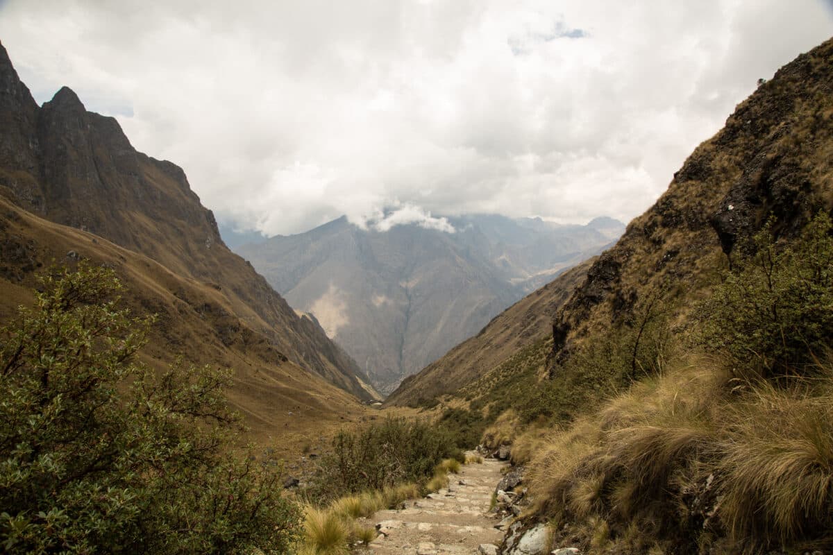 The Inca Trail heading toward dead woman's pass very high altitude 