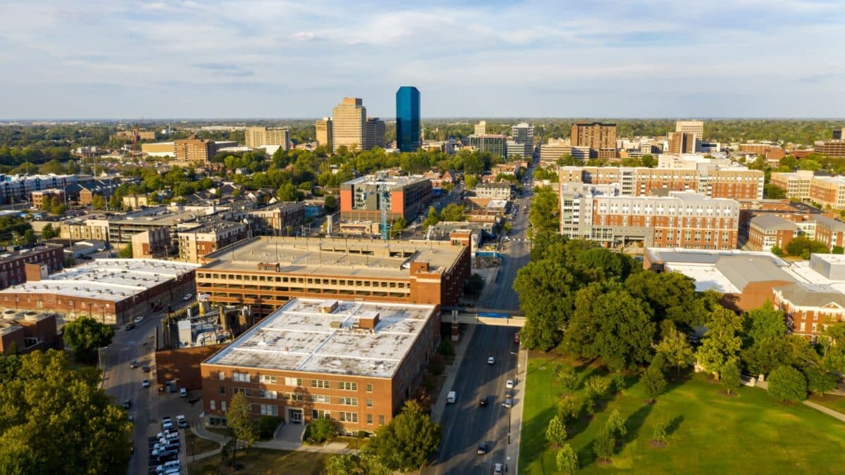 Aerial view university campus area looking into the city center urban core of downtown Lexington KY