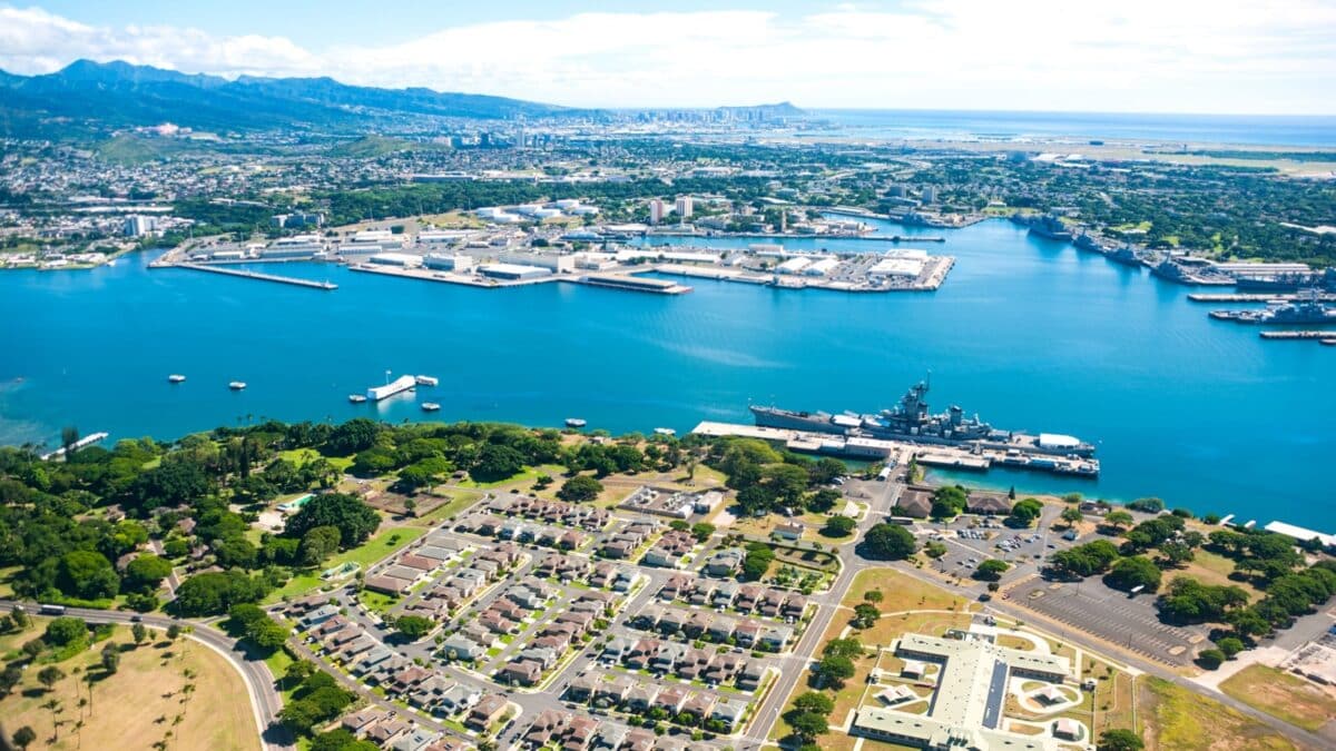 Aerial view of Pearl Harbor in Hawaii