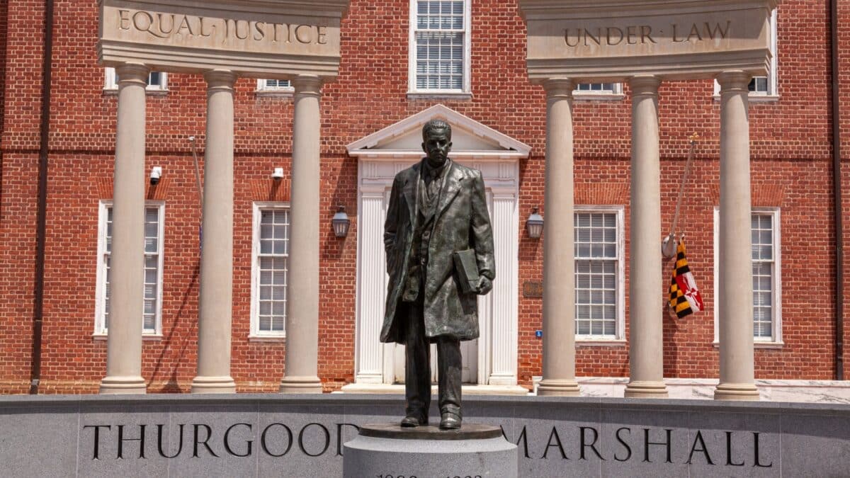 05-02-2021 Annapolis, MD, USA: Statue of Thurgood Marshall in the lawyers mall in front of Maryland General Assembly and the Supreme Court. He was a famous civil rights activist.