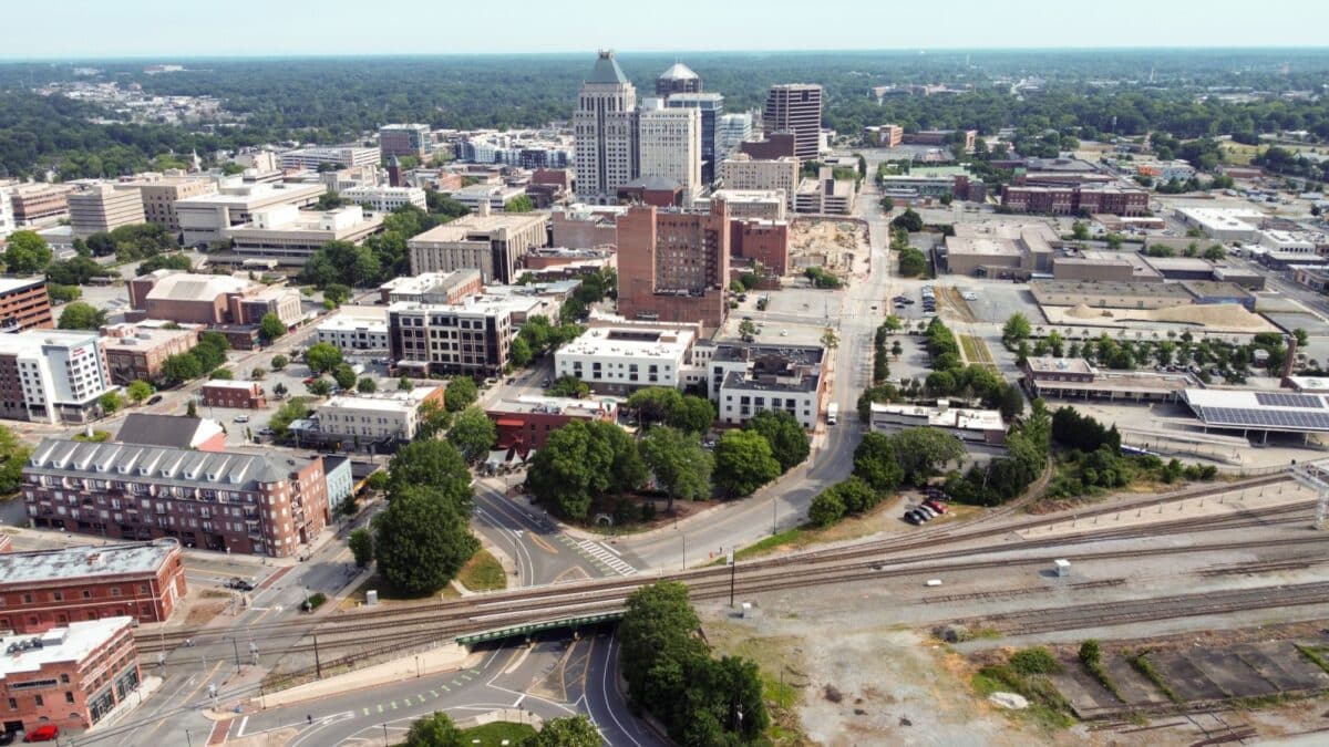 An aerial view of the famous city of Greensboro in North Carolina, USA