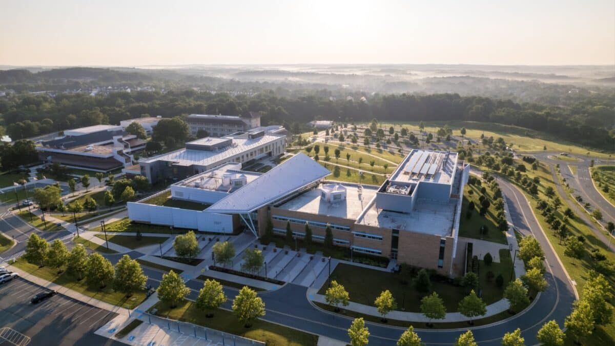 Germantown, Maryland, USA - July 20, 2022: An aerial view of Montgomery College, an affordable community college for Montgomery County residents.