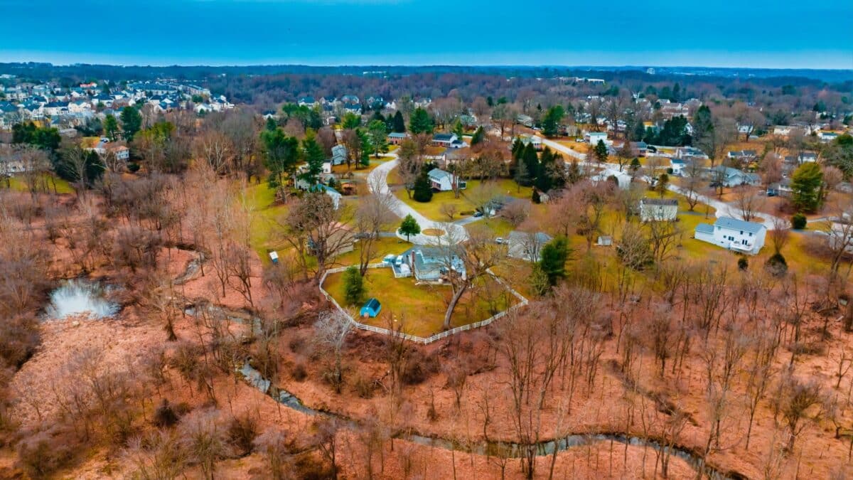 Aerial Photo of neighborhood in Columbia Maryland on winter afternoon