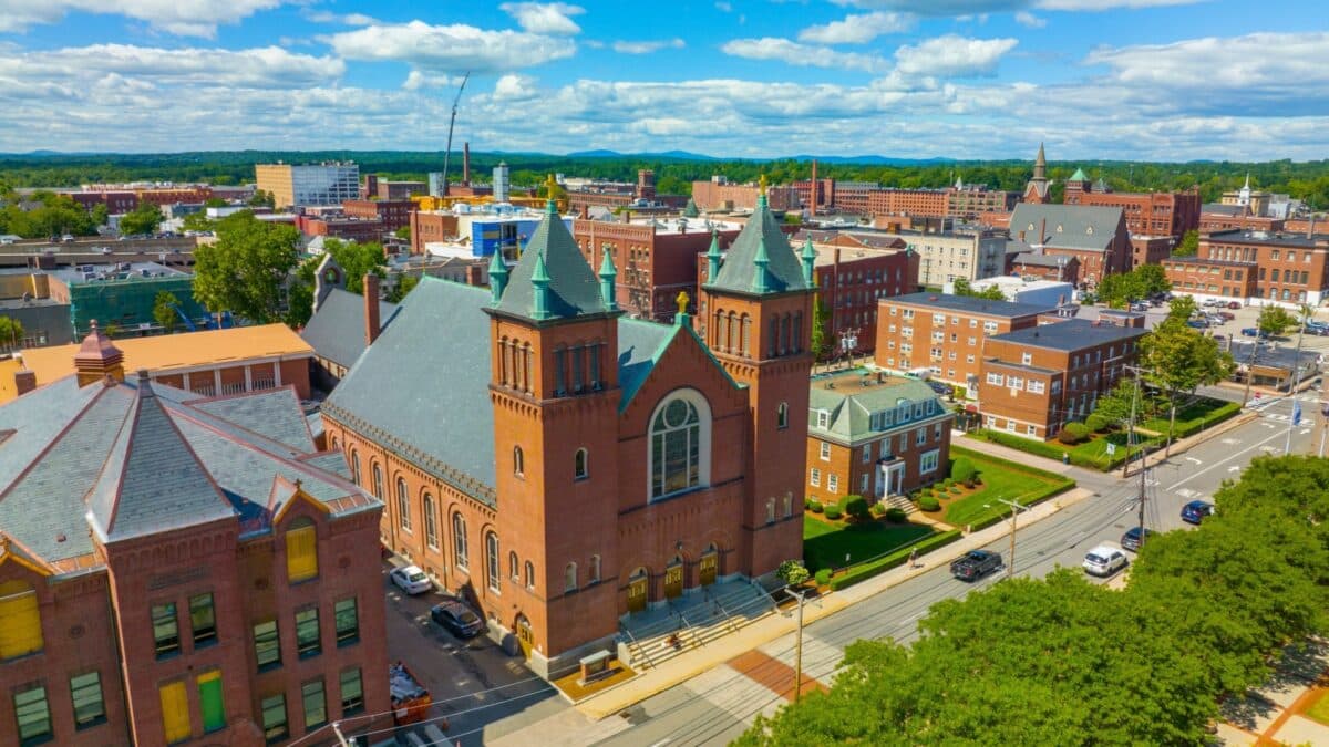 Saint Patricks Roman Catholic Church aerial view at 29 Spring Street in historic downtown Nashua, New Hampshire NH, USA.