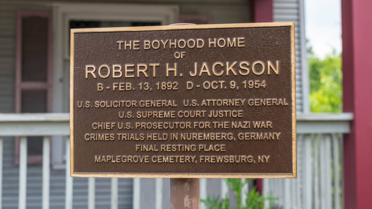 Frewsburg, New York, USA June 21, 2023 An historic marker on Main Street for Robert H. Jackson, a lawyer from the town as seen on a sunny summer day