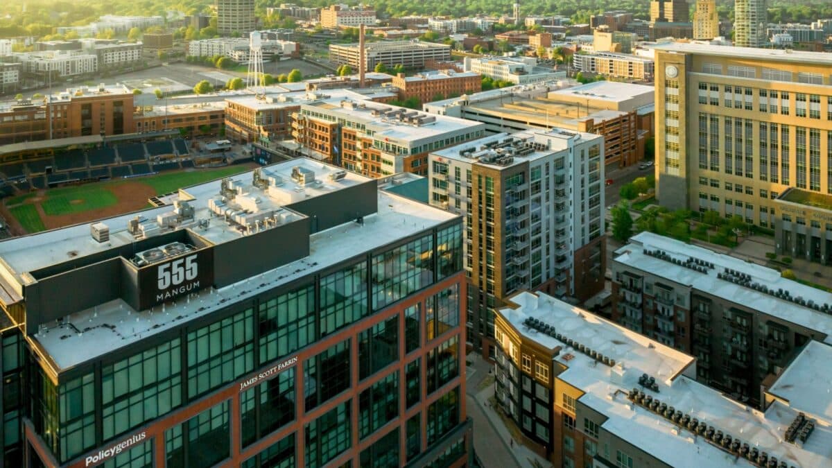 DURHAM, US - May 08, 2023: An aerial view of the bustling city skyline of Durham, North Carolina, the United States