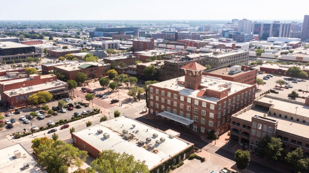 Afternoon view of historic buildings in Old Town Wichita Kansas, USA.