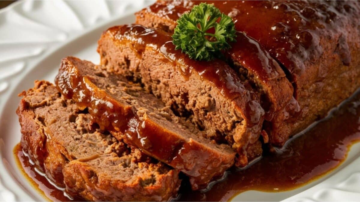 Slicing classic meatloaf with a sweet glaze on a white serving plate