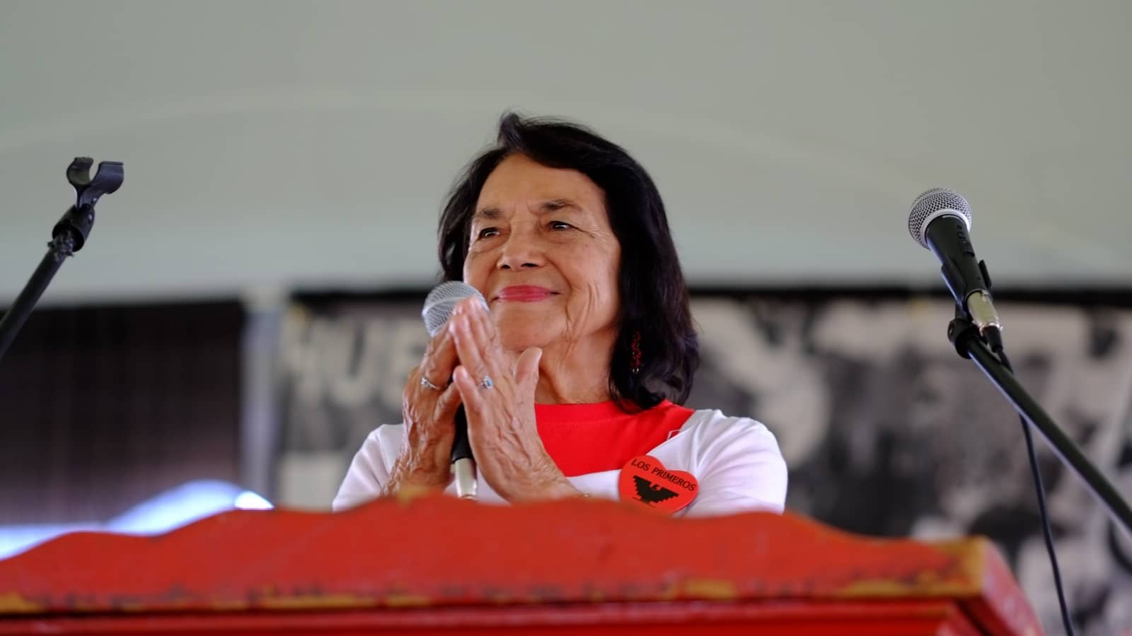 DELANO, CA - SEPTEMBER 26, 2015: Dolores Huerta, an icon of the farm labor movement, addresses United Farm Workers members and supporters celebrating the 50th anniversary of the Delano Grape Strike.