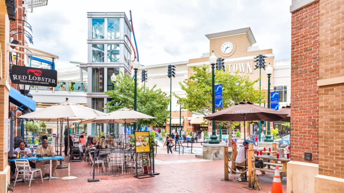 Silver Spring, USA - September 16, 2017: Downtown area of city in Maryland with shopping mall, restaurants and shops