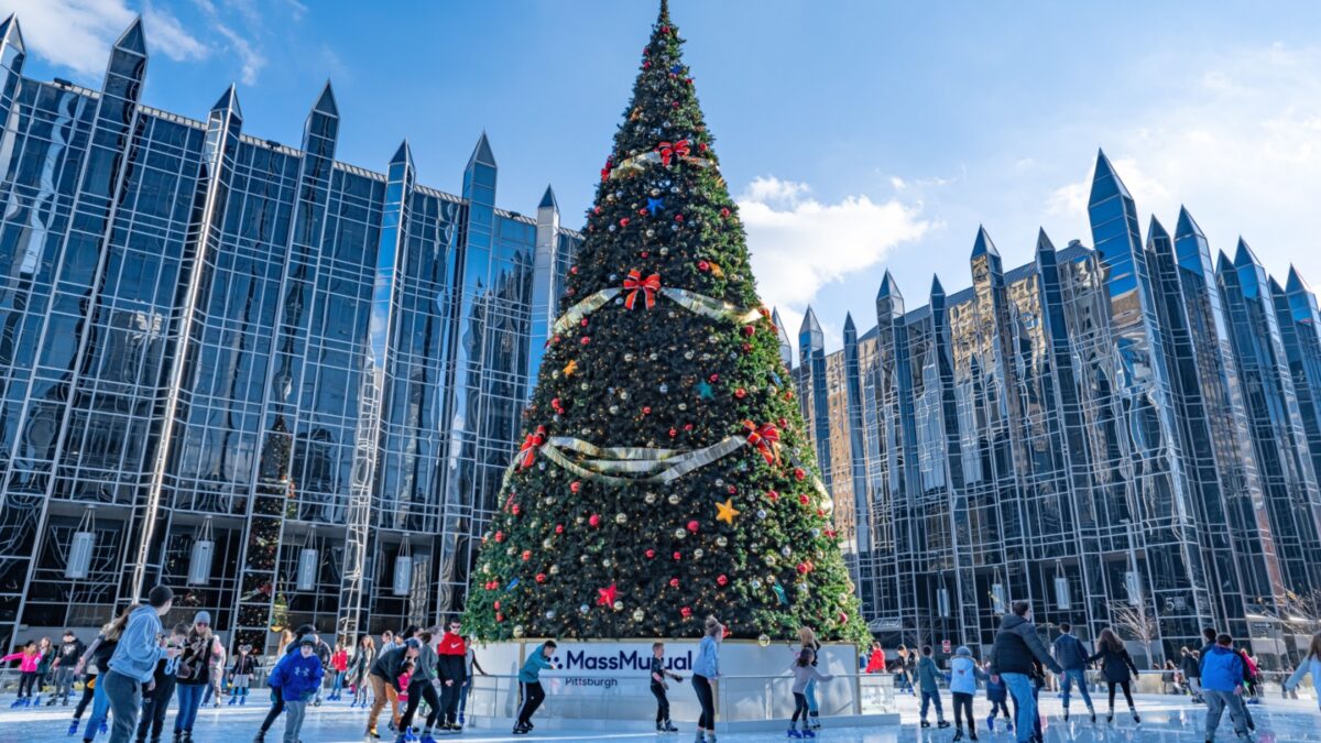 Pittsburgh, Pennsylvania, USA - November 25, 2018: Outdoor Ice Skating Rink in downtown Pittsburgh.