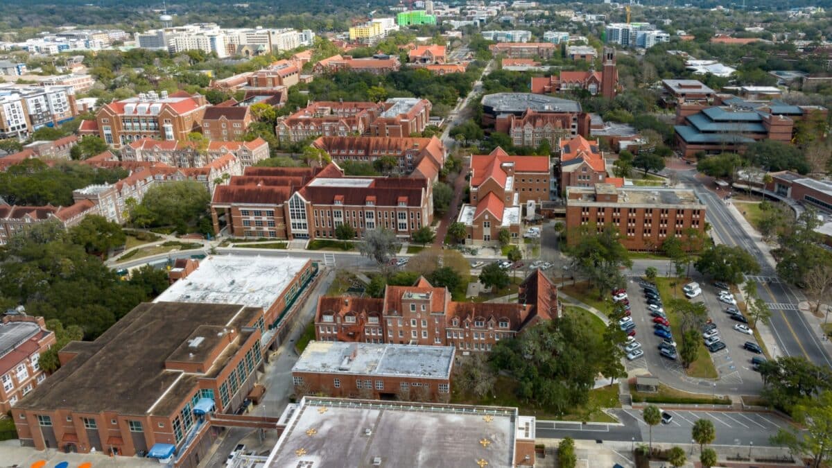 Gainesville, Florida, USA - January 28th 2023: Aerial view of Gainesville and the University of Florida.