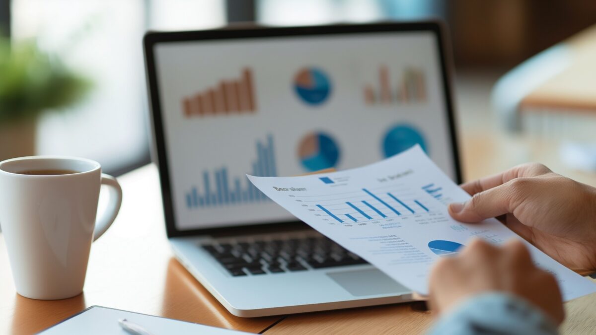 Strategizing Wealth Management: Close-up of Hands Holding Financial Data amidst Office Desktop Dynamics