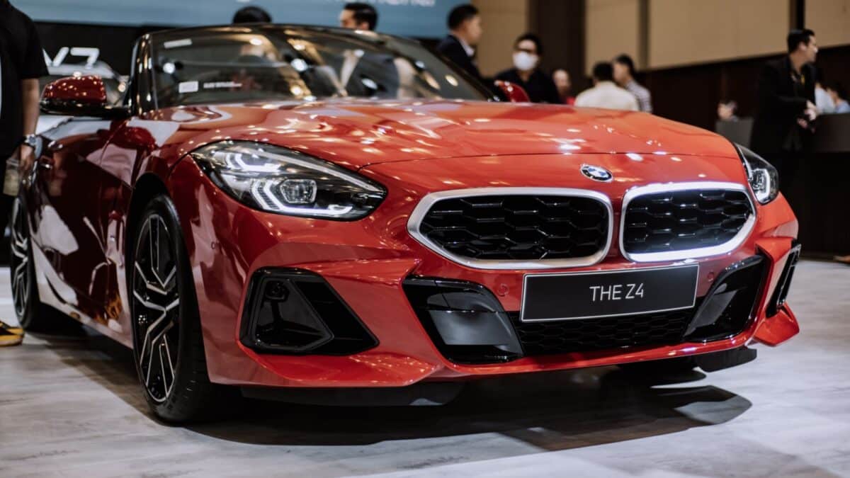 Tangerang Indonesia 07 24 2024 : red BMW Z4 showcased at the 2024 Gaikindo Indonesia International Auto Show (GIIAS) automotive event. Front view.