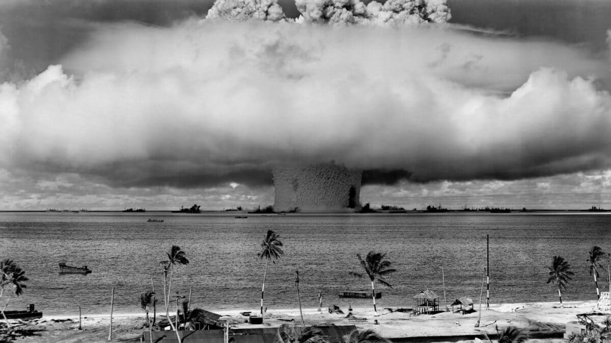 The BAKER test of Operation Crossroads, July 25, 1946. Seconds after the water column rose, and formed a condensation cloud, it fell back, unleashing a billowing base surge forming a 500 foot high wal