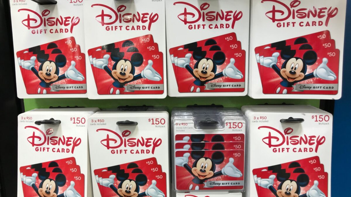 Mankato, MN/USA April 15, 2018. A row of Disney gift cards featuring Mickey Mouse on the front on display at a retail store.