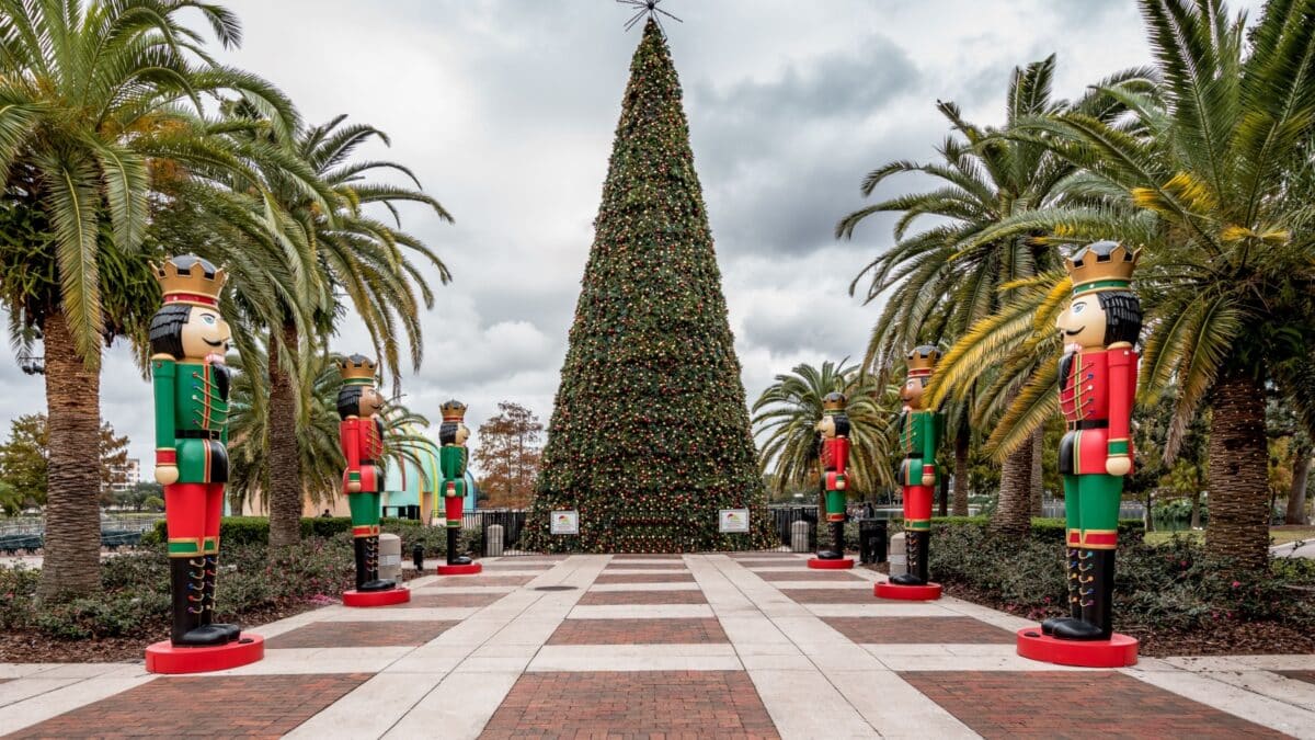 ORLANDO, FLORIDA, USA - DECEMBER, 2018: Christmas Tree and Nutcracker decoration at Eola Park, Downtown Orlando