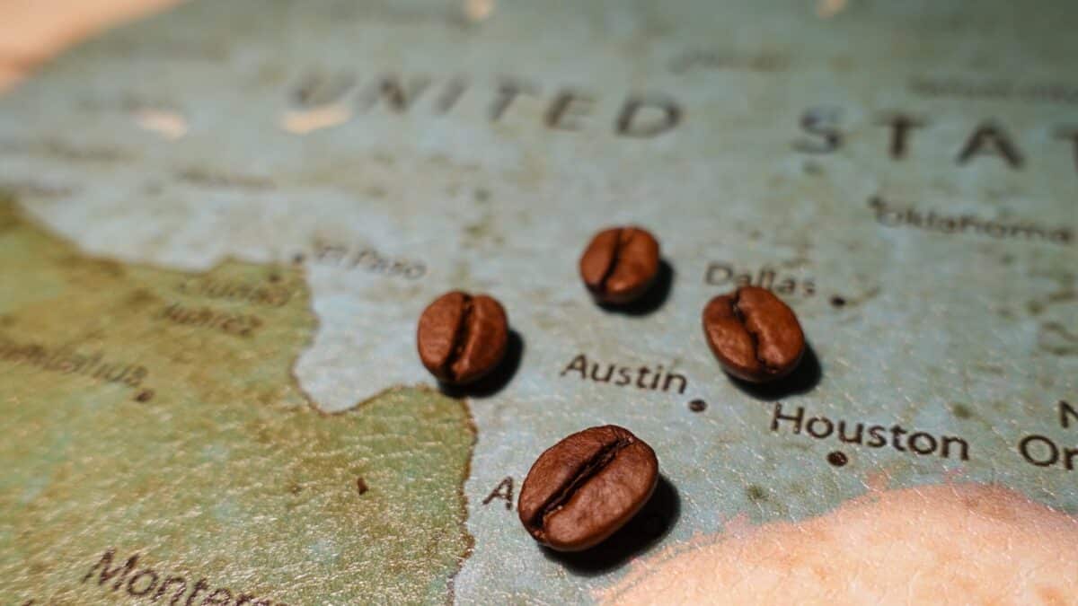 Coffee beans on a map of Austin, Texas.