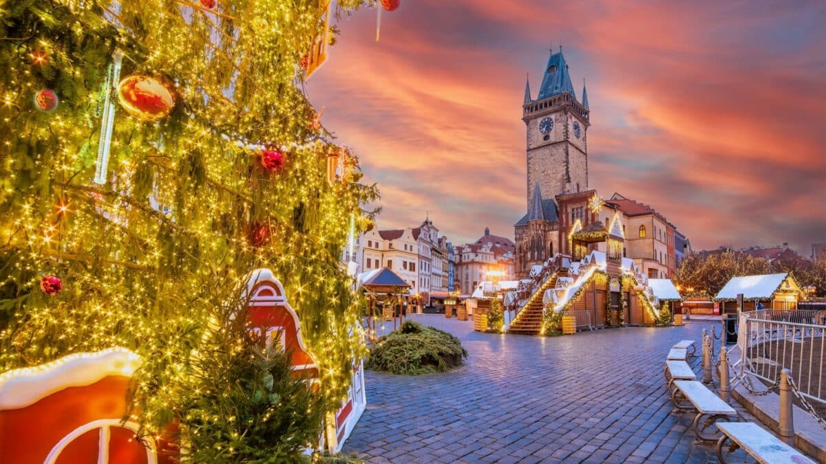 Beautiful Christmas market in the winter holiday, in Prague, Europe