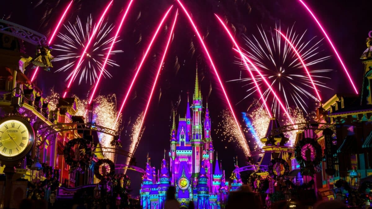 Orlando, Florida USA - November 13, 2022: Spectacular fireworks display on the castle at Magic Kingdom. Centered view of the castle.