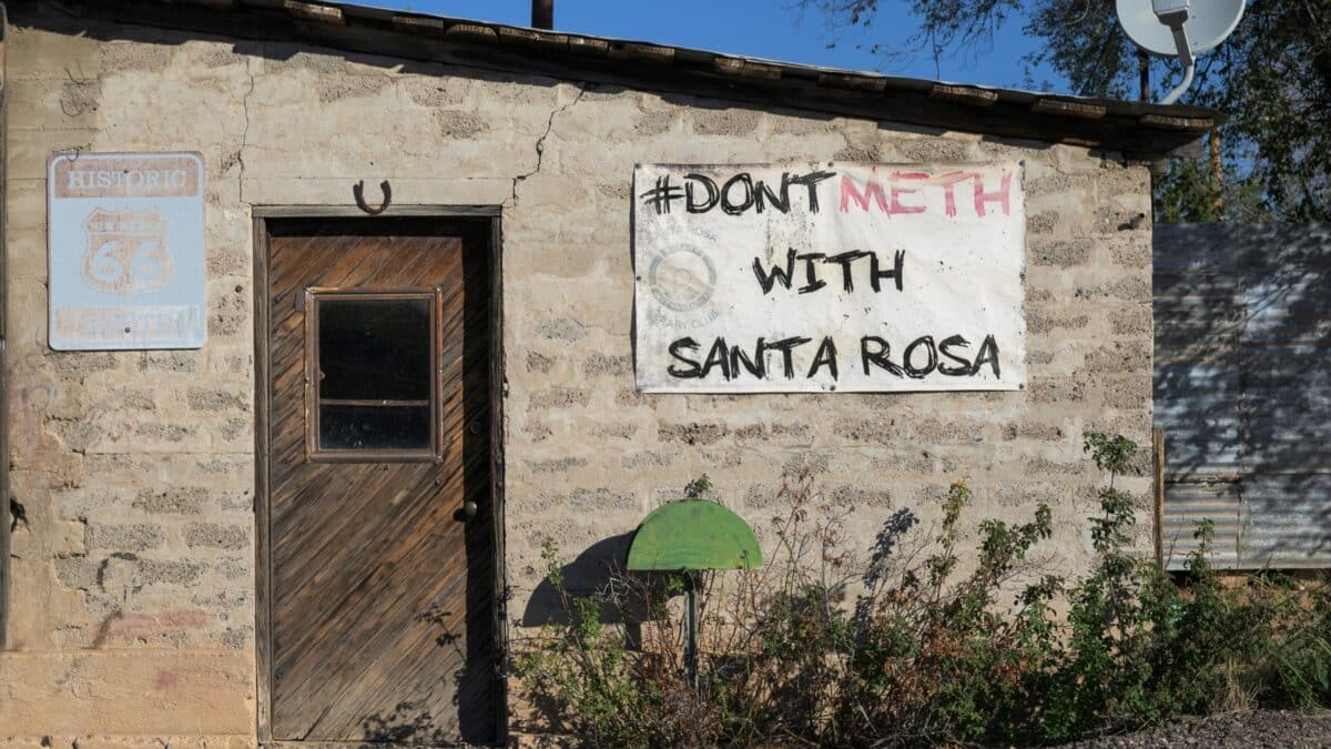 SANTA ROSA, NEW MEXICO, USA - NOVEMBER 1, 2022: Don't Meth With Santa Rosa sign on the Santa Rosa Welding Shop on Route 66 in Santa Rosa