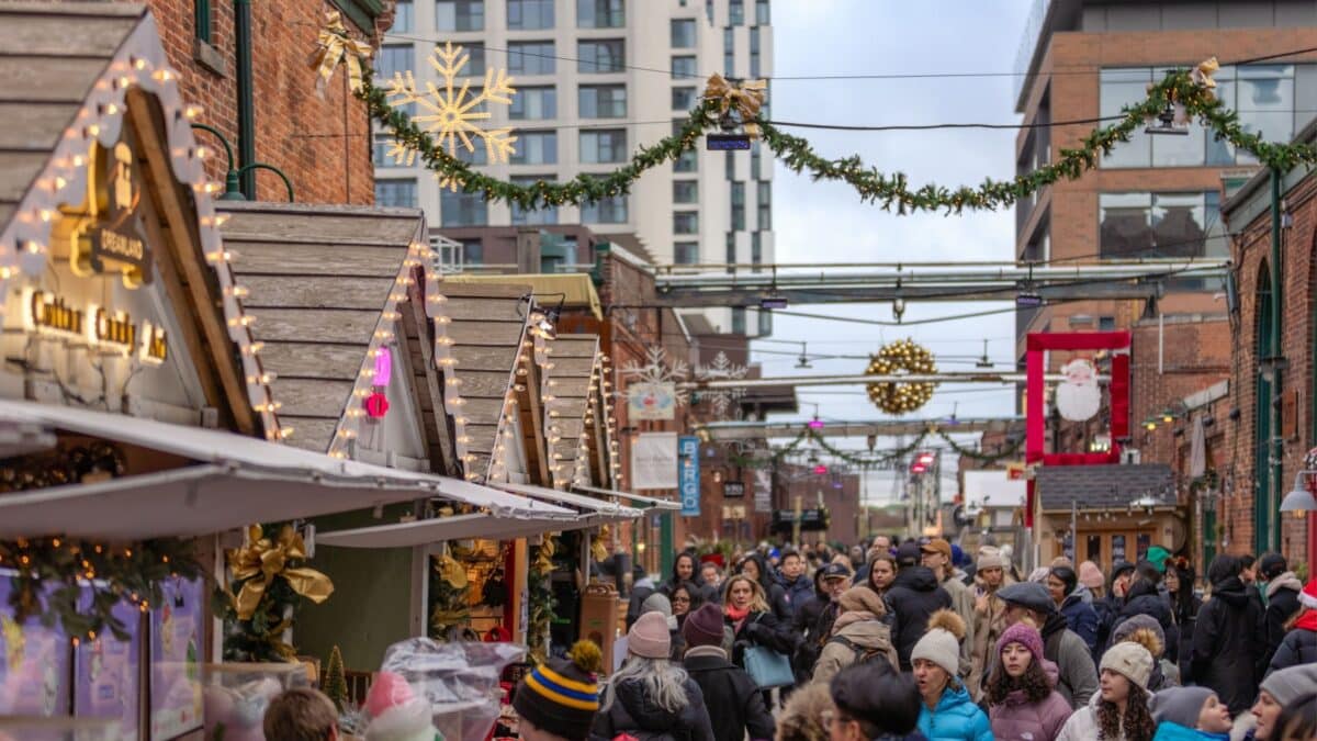 Toronto, Canada - December 22, 2023 : The Distillery Winter Village Christmas market in the Distillery District.