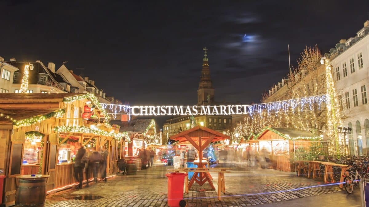 Christmas Market near Stork Fountain of Copenhagen at night