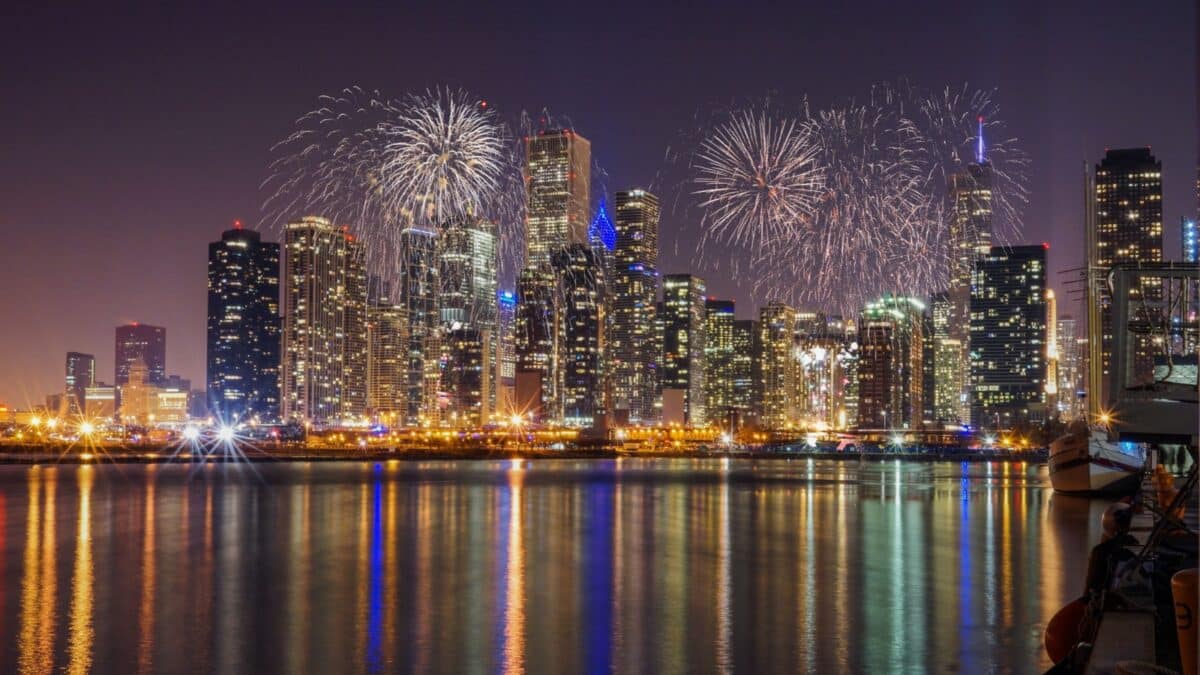 Chicago skyline with Reflection from Lake Michigan with Fireworks